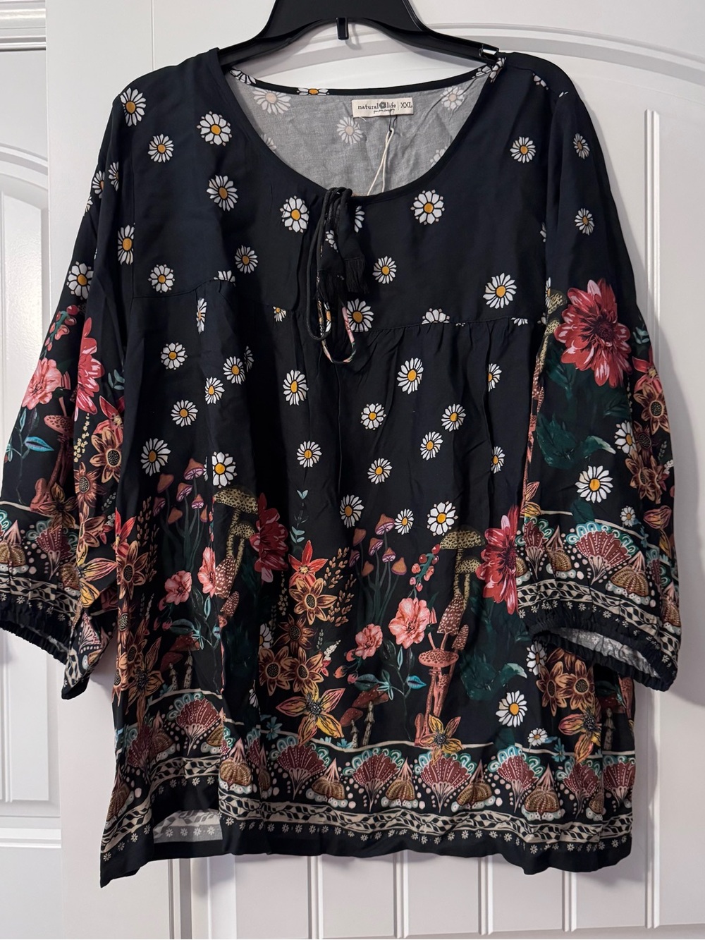 NATURAL LIFE Black Floral, Mushroom And Daisy Tie-Neck Tunic
